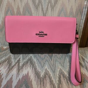 Coach Pink and Brown Signature Fold Over Wallet / Wristlet